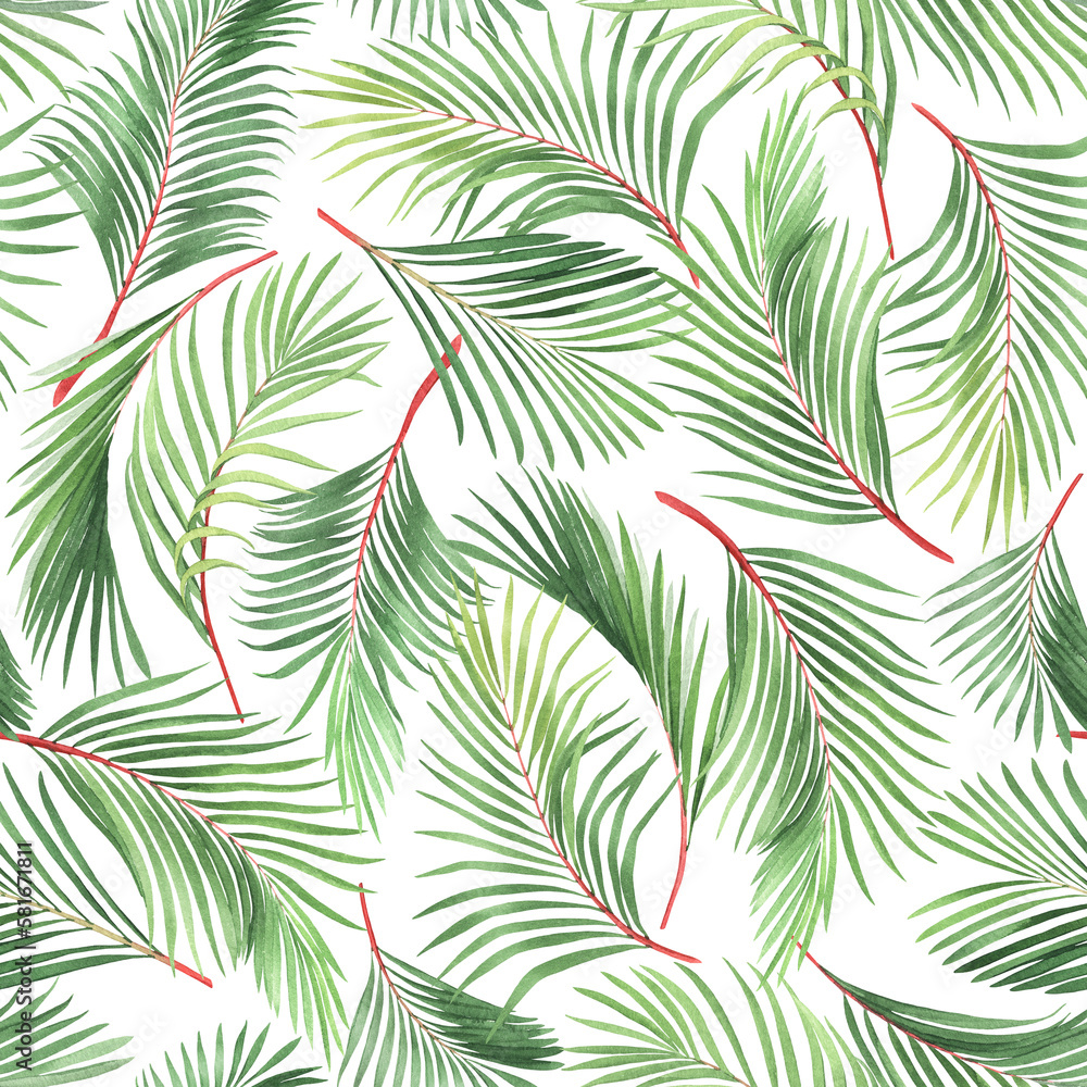 Tropical seamless pattern of colorful palm leaves (red wax palm Cyrtostachys renda), watercolor isolated illustration for textile, background, wallpapers or your design floral.