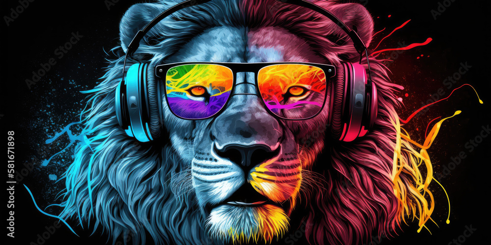 Cool neon party dj lion in headphones and sunglasses, generative ai
