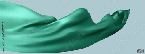 Flying green silk textile fabric flag background. Smooth elegant green Satin Isolated on blue Background for grand opening ceremony. Green curtain. 3d vector illustration