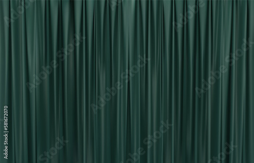 The closed dark green curtain in the theatre background. Theatrical drapes. Green curtains on a theatre stage. 3D Vector illustration.