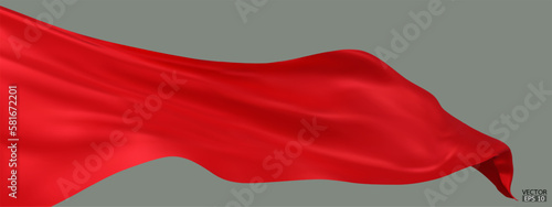 Flying red silk textile fabric flag background. Smooth elegant red Satin Isolated on green Background for grand opening ceremony. Red curtain. 3d vector illustration