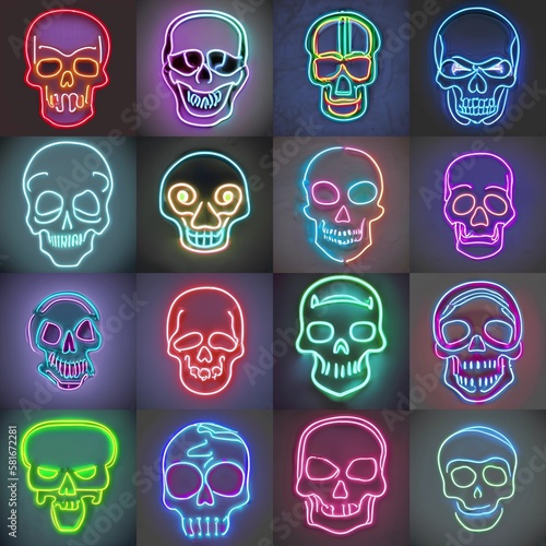 Neon light skulls different colors on dark background collage. Seamless abstract AI graphic.