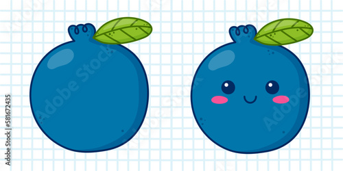 Cute kawaii blueberry character with joy emotion. Vector illustration on blue cage background.