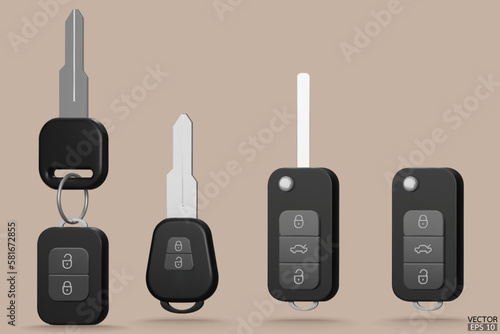 Set of electronic car keys with alarm system. Realistic black car keys are isolated on beige background. Modern car flip key. 3D Vector illustration.