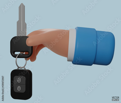 3d cartoon hand holding the car keys mortgage loan. The hand holds the keys isolated on blue background. 3D vector illustration.