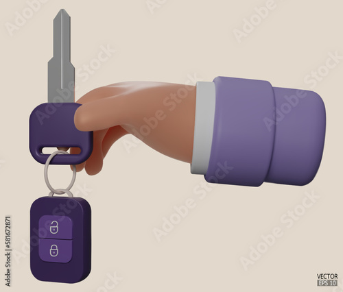 3d cartoon hand holding the purple car keys mortgage loan. The hand holds the purple keys isolated on beige background. 3D vector illustration.
