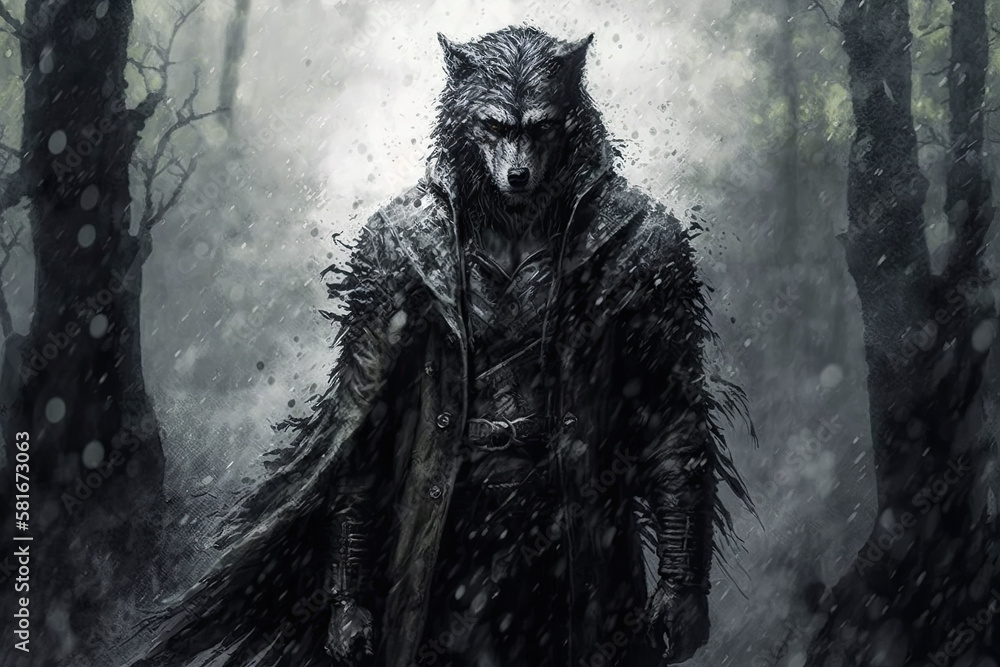 male werewolf with head of wolf in a dark foggy forest. Generative AI illustration