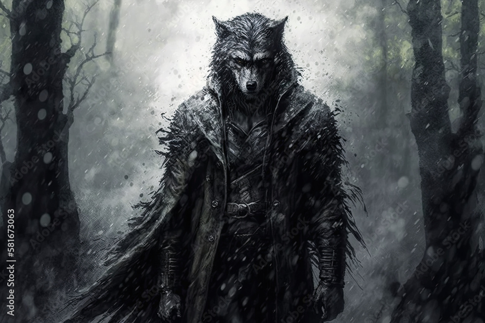 male werewolf with head of wolf in a dark foggy forest. Generative AI illustration male werewolf with head of wolf in a dark foggy forest. Generative AI illustration