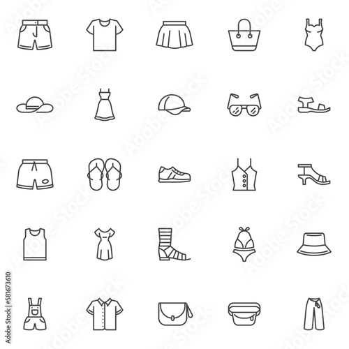 Summer clothes and accessories line icons set