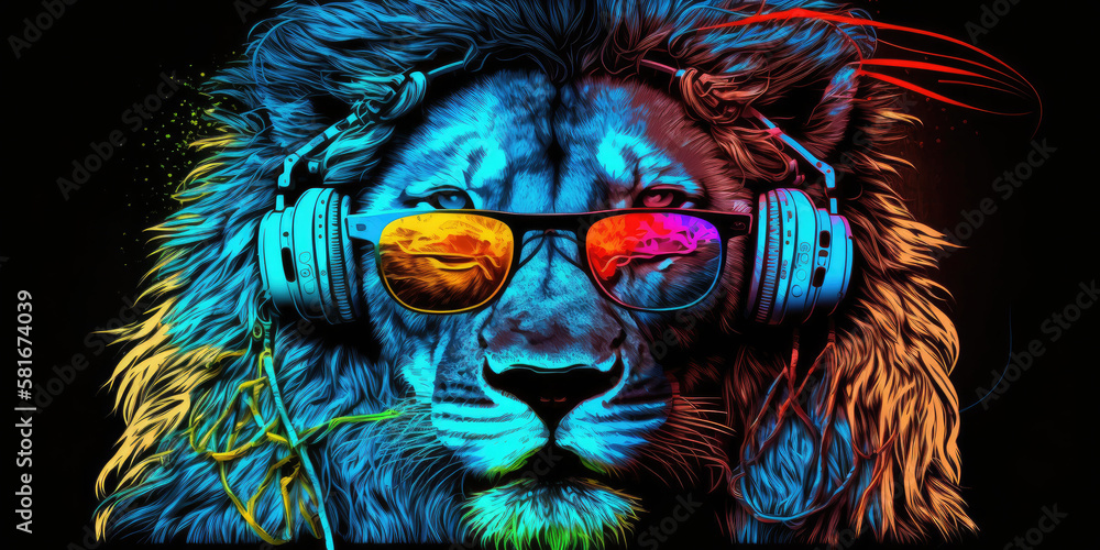 Cool neon party dj lion in headphones and sunglasses, generative ai Cool neon party dj lion in headphones and sunglasses, generative ai