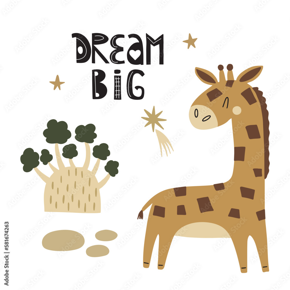Naklejka premium Cute vector card with African giraffe and text Dream big