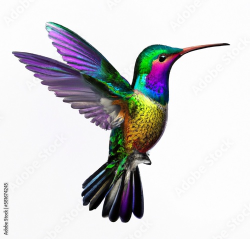 Rainbow colorful hummingbird in flight illustration, AI generated- vector of a flying hummingbird on transparent background. Isolated hummingbird, complete white background. Colorful bird. Small bird.