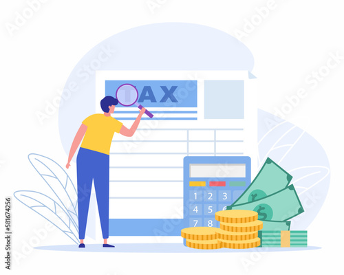 Man with magnifying glass checks financial report, concept of Tax audit, consultation, analysis of tax payments.