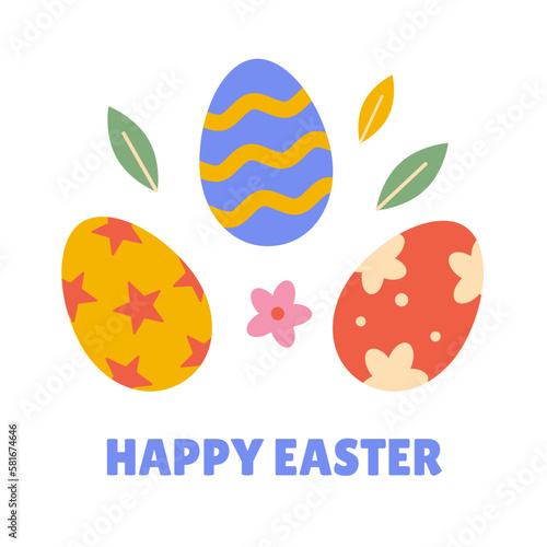 Fototapeta Naklejka Na Ścianę i Meble -  Happy Easter illustration with painted eggs in bright colors. Modern minimalist spring event vector design
