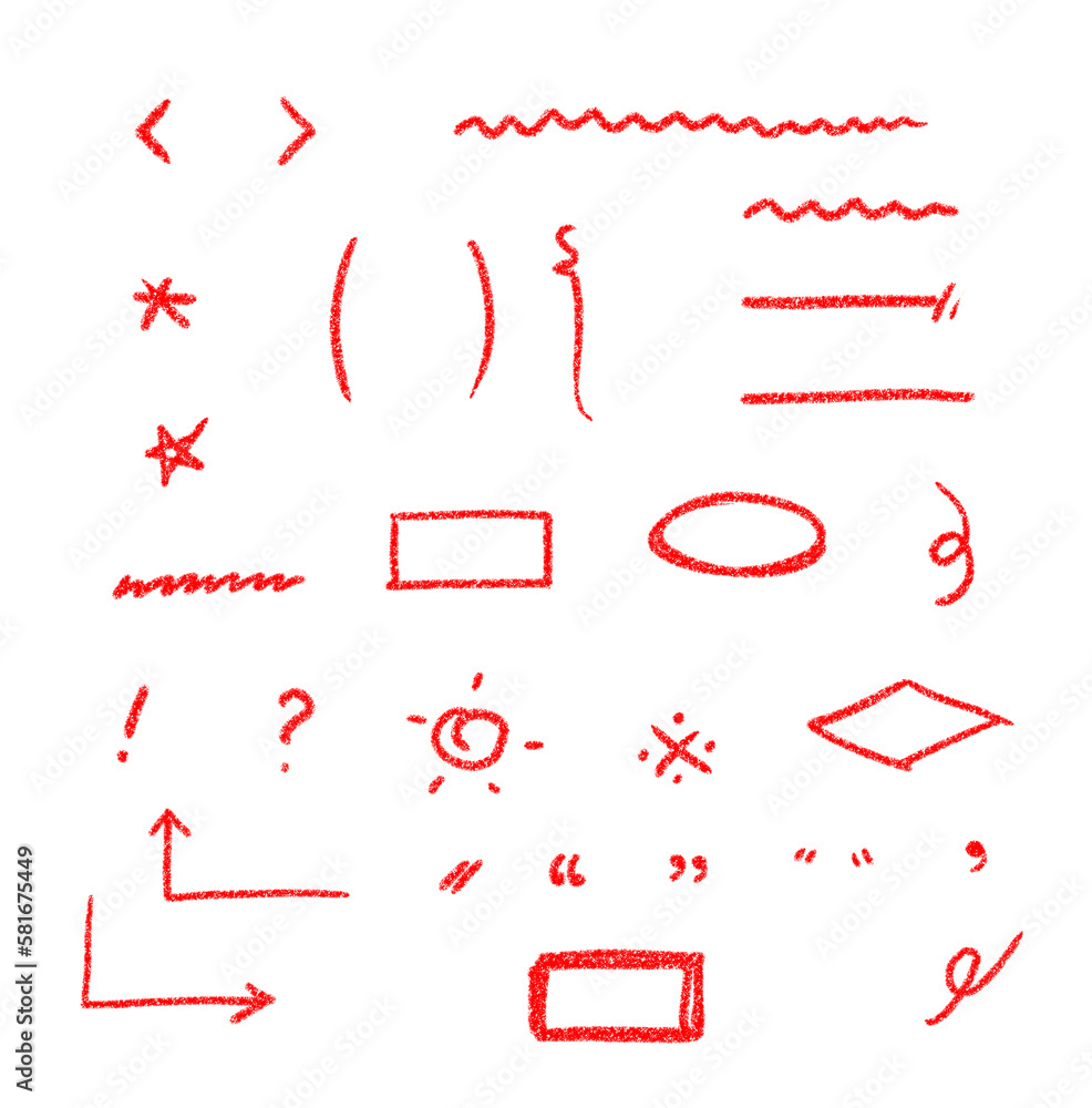 Various symbols drawn with red crayons.