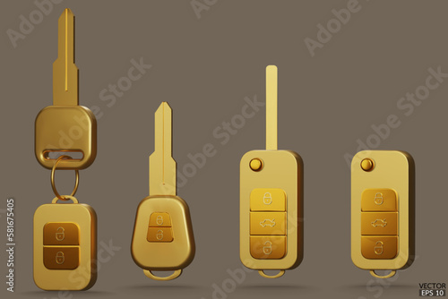 Set of electronic gold car keys with alarm system. Realistic yellow car keys are isolated on gray background. Modern car flip key. 3D Vector illustration.