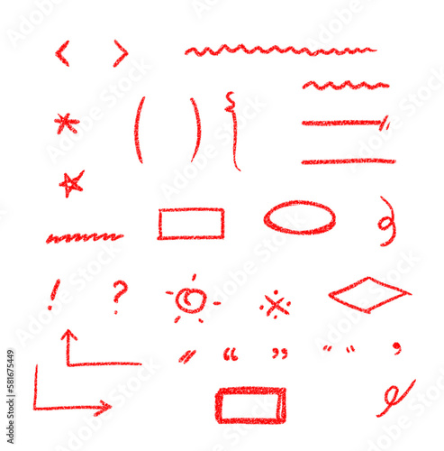 Various symbols drawn with red crayons.