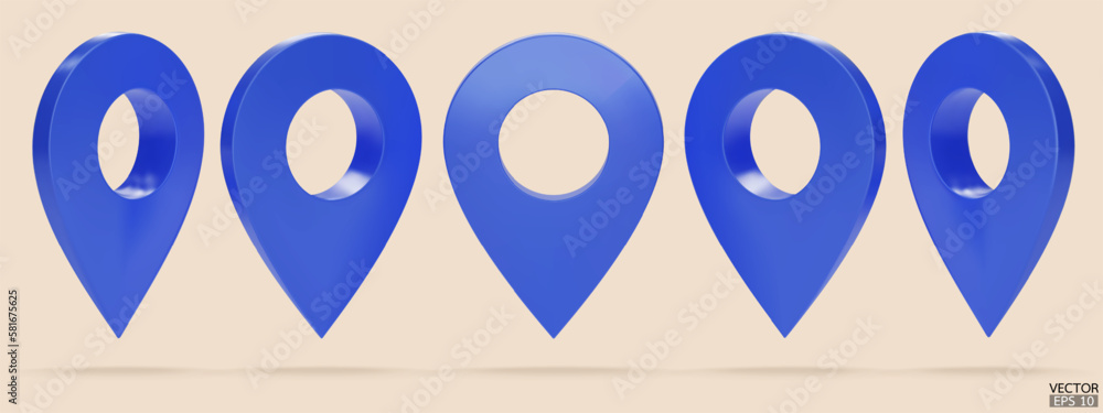 Set of blue map pointer isolated on beige background. Blue location pin ...