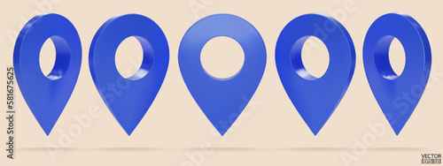 Set of blue map pointer isolated on beige background. Blue location pin or navigation. 3D Locator mark of map pointer, symbol, position. 3D vector illustration.