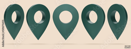 Set of green map pointer isolated on beige background. Green location pin or navigation. 3D Locator mark of map pointer, symbol, position. 3D vector illustration.