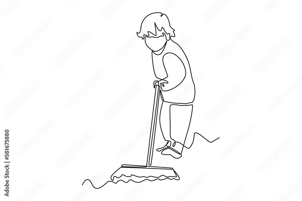 Continuous one-line drawing boy sweeping in the kitchen. Kitchen activity concept Single line draw design graphic vector illustration
