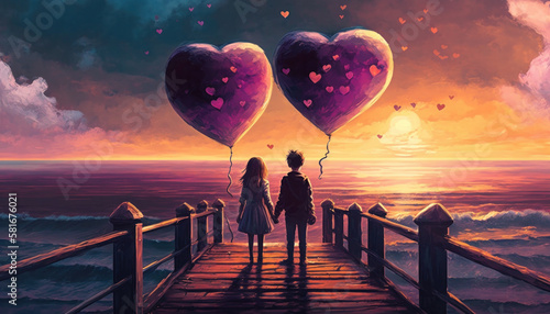 Illustration of two kids with heart shaped balloon. Valentine's Day. Back view of couple of kids standing together. Generative AI