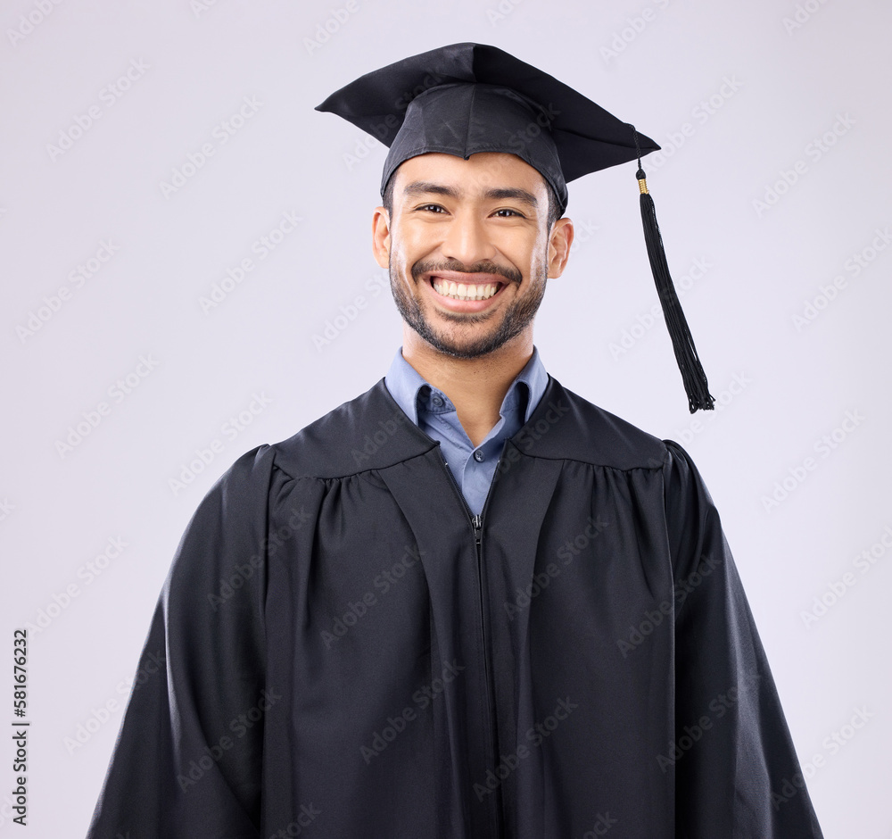 Graduation portrait of asian man isolated on studio background for education, college success or achievement. Happy face of young philippines student, scholarship person or university graduate smile Graduation portrait of asian man isolated on studio background for education, college success or achievement. Happy face of young philippines student, scholarship person or university graduate smile