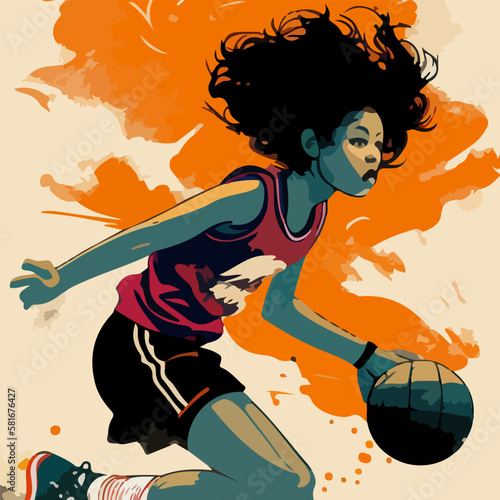 Vector drawings of young athletes. Girls play basketball expressively