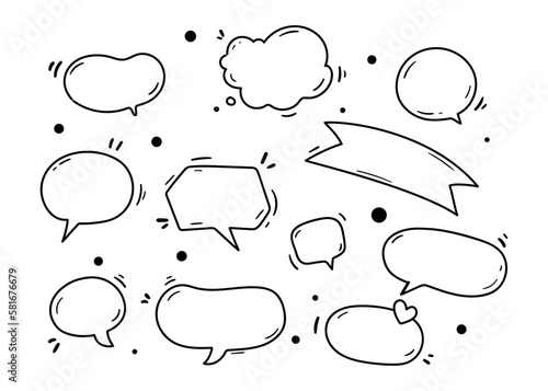 Hand drawn doodle blank speech bubbles message comment dialog shape set vector illustration
