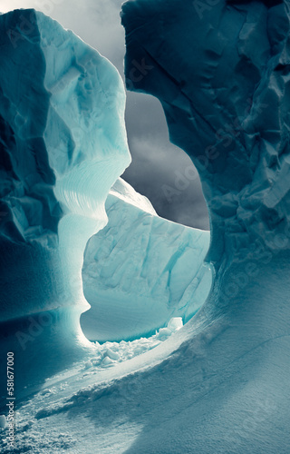 Towering blue Iceberg In Antarctica With Hole In The Middle of It on Moody Day, Unique Shape and Pattern, Textured Surface