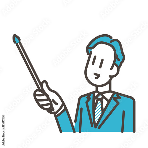 Young male businessperson smiling and explaining with an indicator stick [Vector illustration].