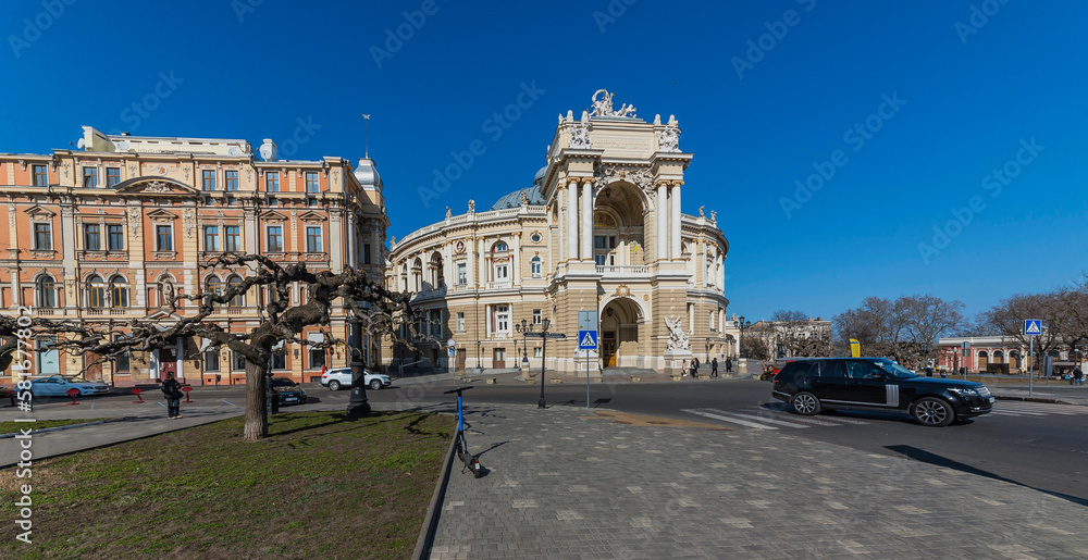 Façade of the Odessa Opera House in the Vienna Baroque style on a sunny spring day