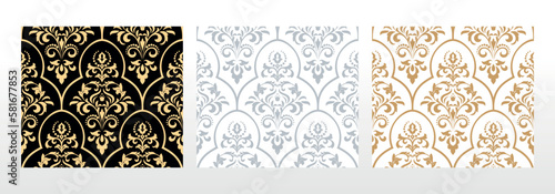 Wallpapers in the style of Baroque. Seamless vector backgrounds. Set of colored floral ornaments. Graphic patterns for fabric, wallpaper, packaging. Ornate Damask flower ornaments