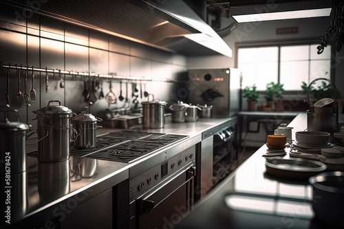 Professional Kitchen and View Counter in Stainless Steel, Bokeh, Background 4. Generative AI