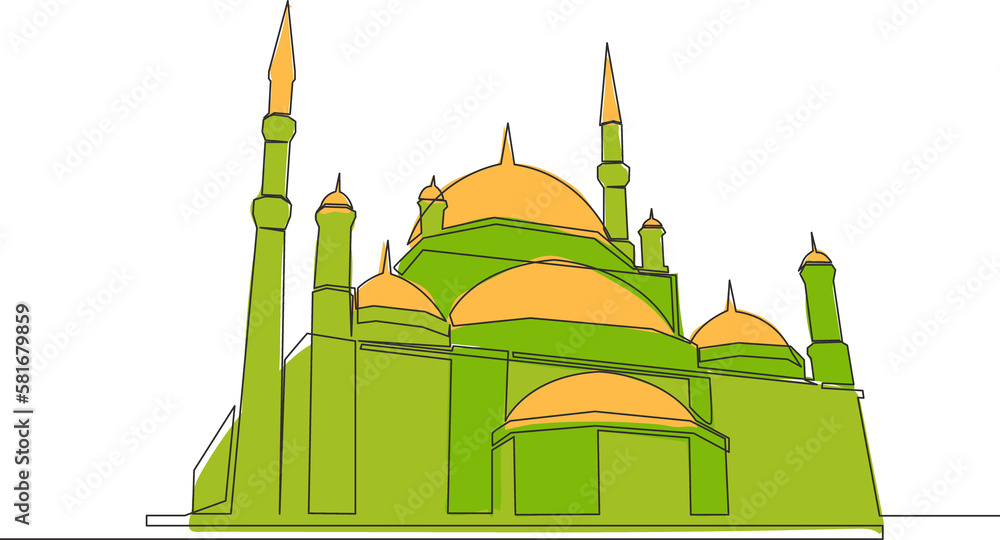 One single line drawing of Islamic historical dome landmark masjid or