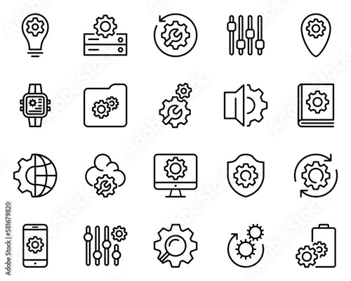 Set of 20 setting line icons. gear and repair icon. control, service, maintenance, system, recovery, icon set and installing