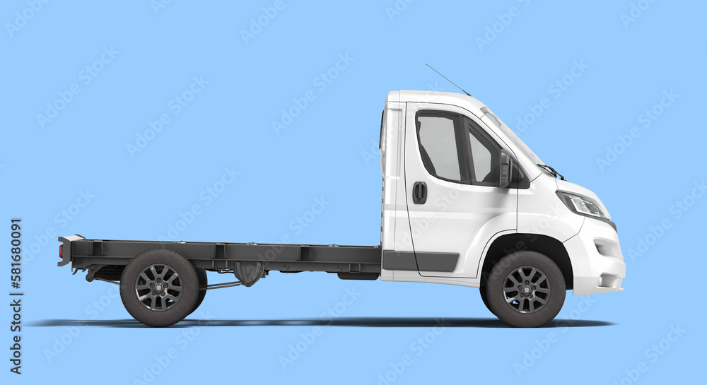 white flatbed truck for car branding and advertising right view 3d render on blue background