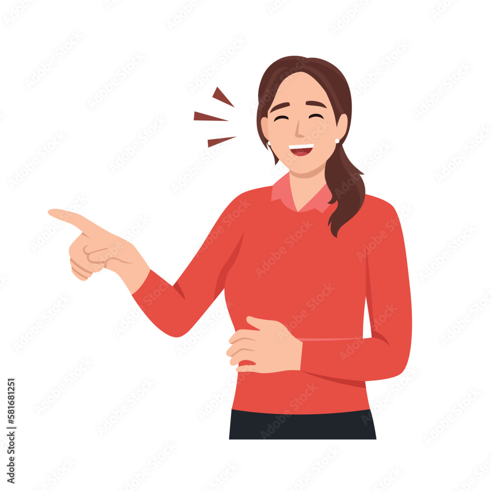 Smiling laughing and positive emotions concept. Young girl standing pointing at something and laughing with open mouth and words lettering aside. Flat vector illustration isolated on white background Smiling laughing and positive emotions concept. Young girl standing pointing at something and laughing with open mouth and words lettering aside. Flat vector illustration isolated on white background