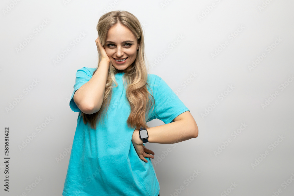 cheerful girl getting high on white studio background cheerful girl getting high on white studio background