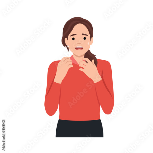 Being worried and stress concept. Portrait of attractive cute scared worried young girl cartoon character biting nails feeling stressed. Flat vector illustration isolated on white background