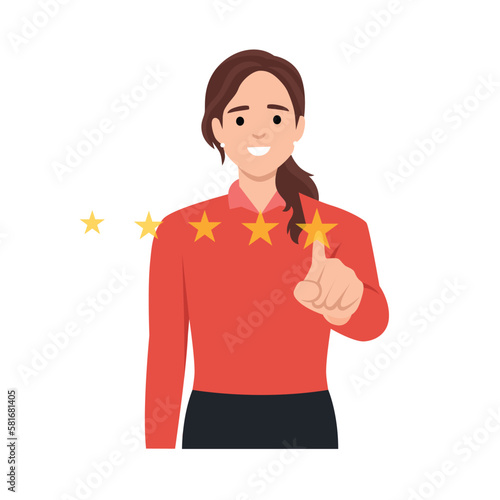 Customer feedback review with give 5 star rating. Customer woman review and user rating five stars from dialog box in the application. Flat vector illustration isolated on white background
