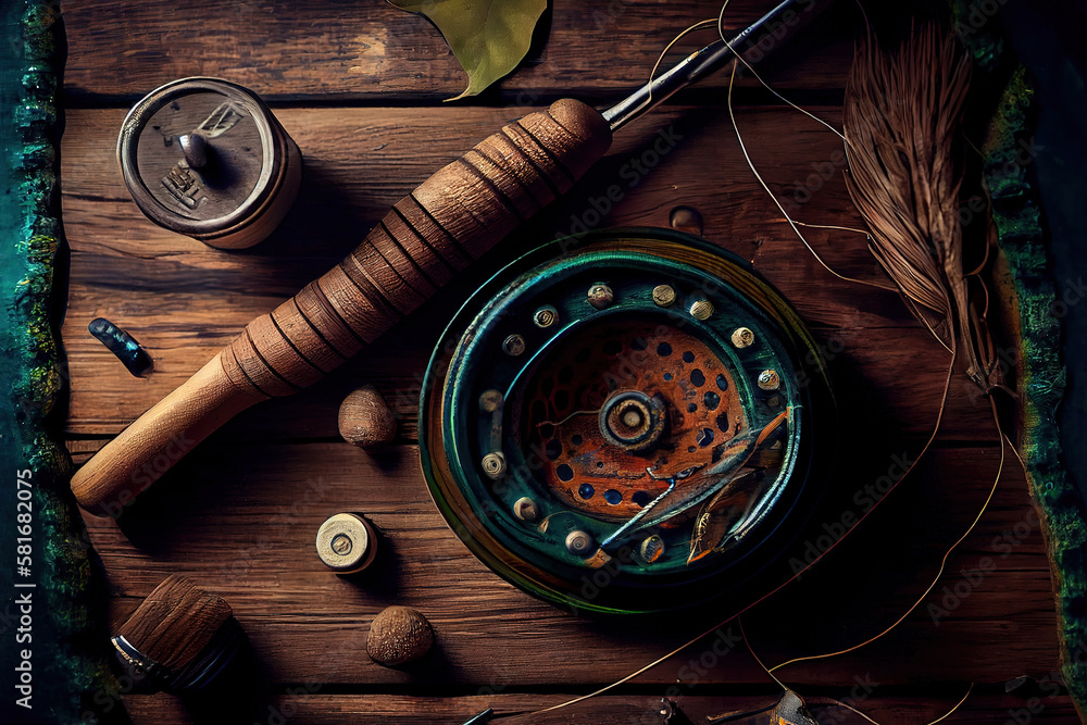 Fishing rod, spoon, hooks on a brown wooden background. Generative Ai