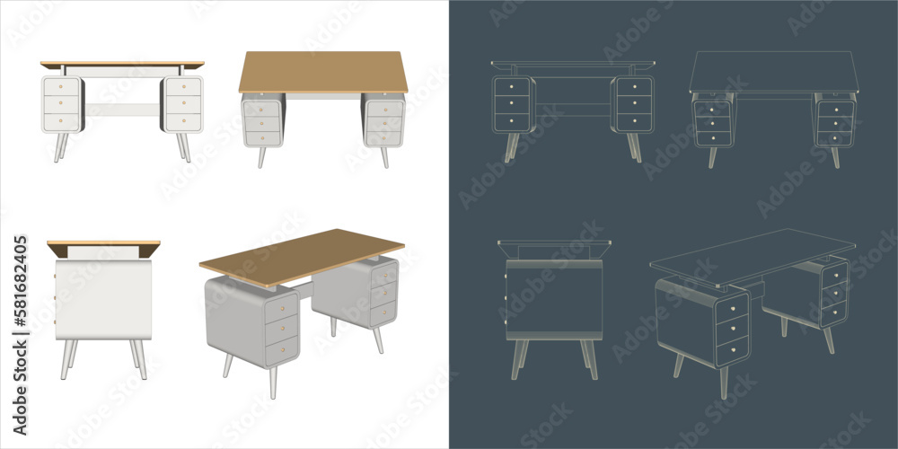 Vector wood desk office table solid minimalist with different positions - transparent background Vector wood desk office table solid minimalist with different positions - transparent background