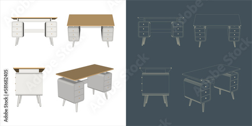 Vector wood desk office table solid minimalist with different positions - transparent background