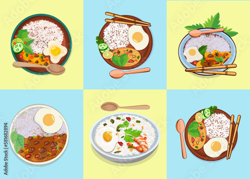 Premium Pad Kra Pow Illustration Set, Hi-Quality Watercolor Background With Premium Vector. Excellent Unique Pad Krapow Premium Best Food Illustration Vector With Watercolor Background.
