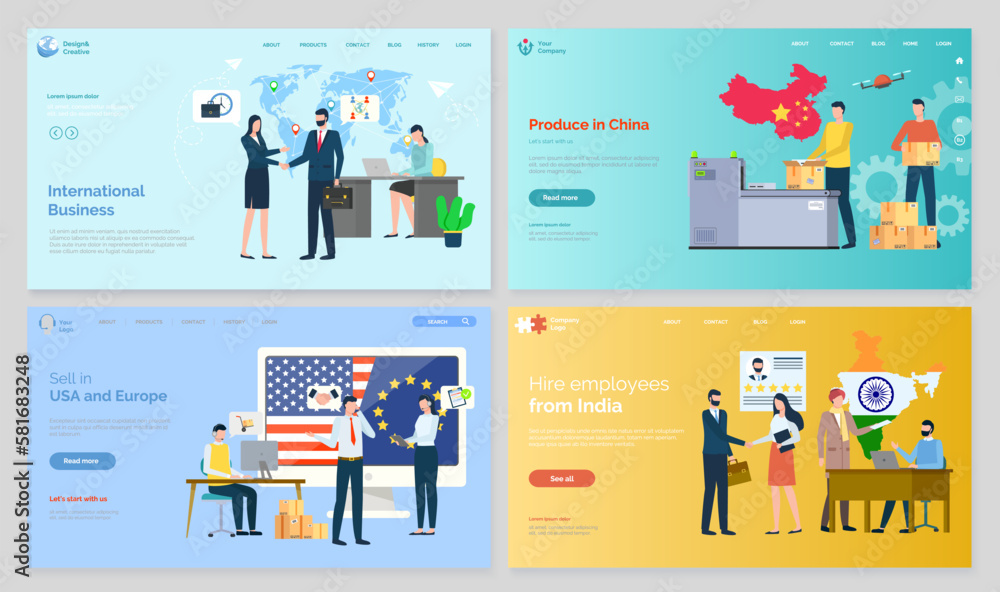 International business vector, businessman with partner from other country. India employees, map with location pointers USA and Europe set. Website or webpage template, landing page flat style