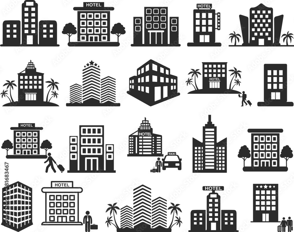 Hotel and building icon set, 20 business building icon set black vector