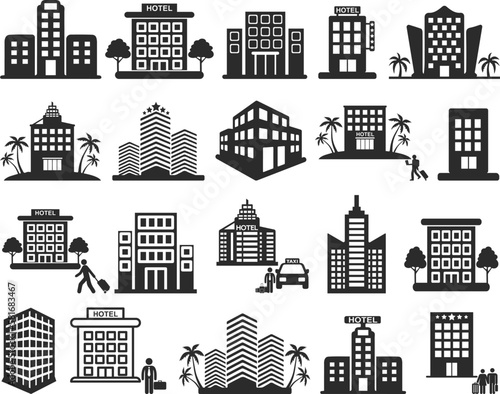 Hotel and building icon set, 20 business building icon set black vector