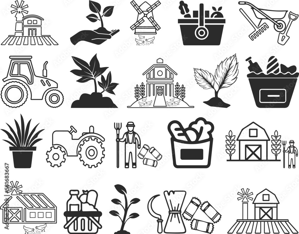 Plant and farming icon, 20 farm and tree plantation icon set black vector Plant and farming icon, 20 farm and tree plantation icon set black vector
