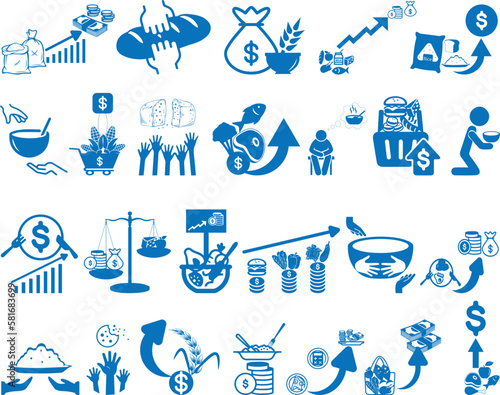 Food price hike icon set, 25 food crisis icon set blue vector